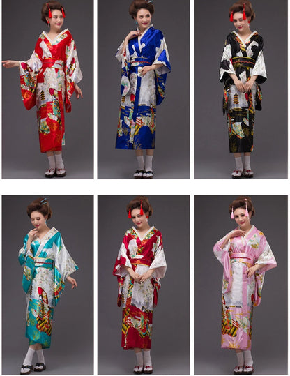 Japan Style Clothes Kimono Bridesmaid Wedding Dressing Dress Peacock Sakura Print Satin Silk Yukata Bathing Robe Nightgown