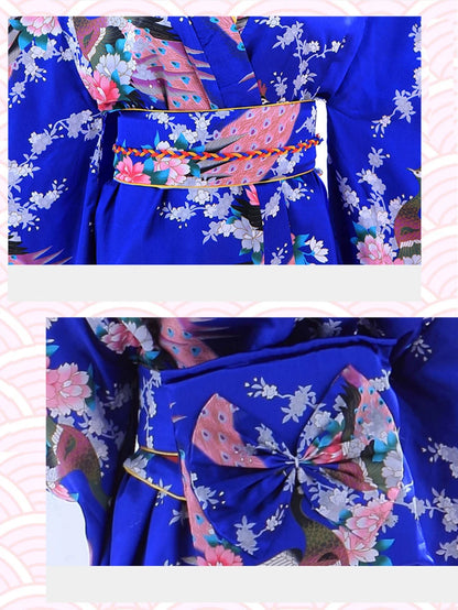 Japan Style Clothes Kimono Bridesmaid Wedding Dressing Dress Peacock Sakura Print Satin Silk Yukata Bathing Robe Nightgown
