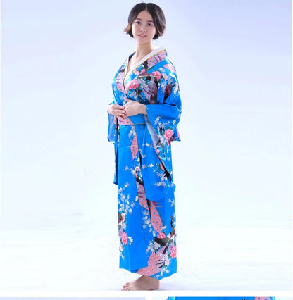 Japan Style Clothes Kimono Bridesmaid Wedding Dressing Dress Peacock Sakura Print Satin Silk Yukata Bathing Robe Nightgown