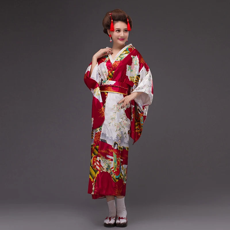 Japan Style Clothes Kimono Bridesmaid Wedding Dressing Dress Peacock Sakura Print Satin Silk Yukata Bathing Robe Nightgown