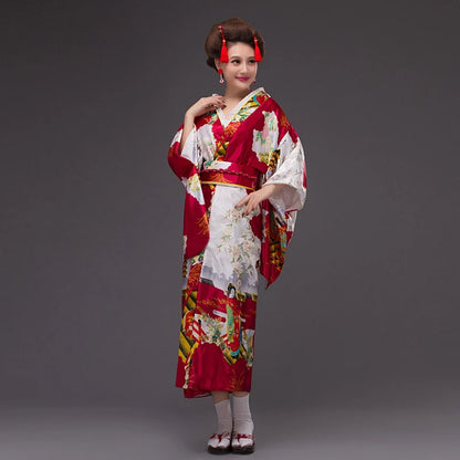 Japan Style Clothes Kimono Bridesmaid Wedding Dressing Dress Peacock Sakura Print Satin Silk Yukata Bathing Robe Nightgown