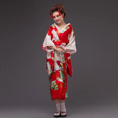 Japan Style Clothes Kimono Bridesmaid Wedding Dressing Dress Peacock Sakura Print Satin Silk Yukata Bathing Robe Nightgown