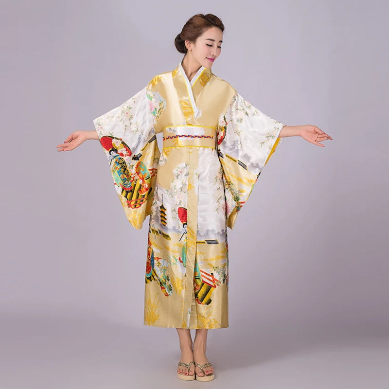 Japan Style Clothes Kimono Bridesmaid Wedding Dressing Dress Peacock Sakura Print Satin Silk Yukata Bathing Robe Nightgown