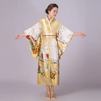 Japan Style Clothes Kimono Bridesmaid Wedding Dressing Dress Peacock Sakura Print Satin Silk Yukata Bathing Robe Nightgown