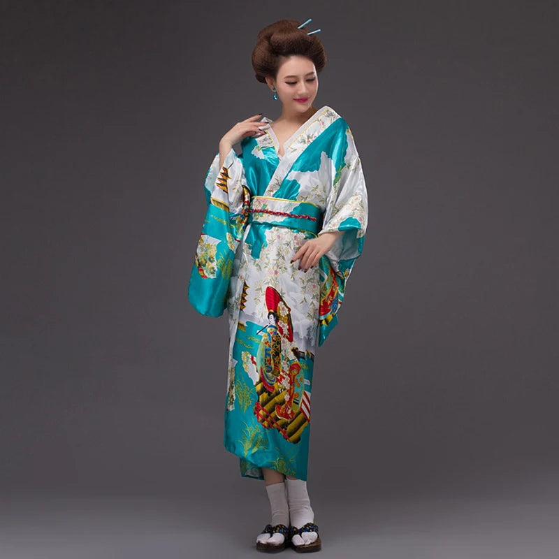 Japan Style Clothes Kimono Bridesmaid Wedding Dressing Dress Peacock Sakura Print Satin Silk Yukata Bathing Robe Nightgown