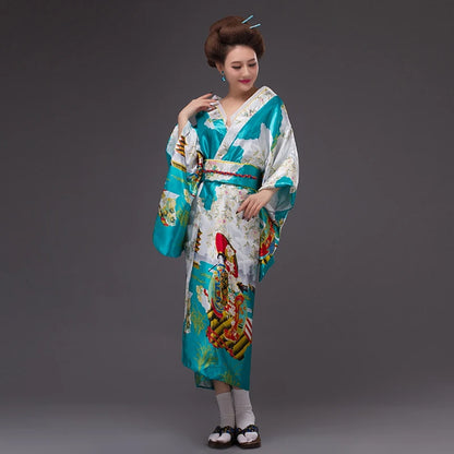Japan Style Clothes Kimono Bridesmaid Wedding Dressing Dress Peacock Sakura Print Satin Silk Yukata Bathing Robe Nightgown