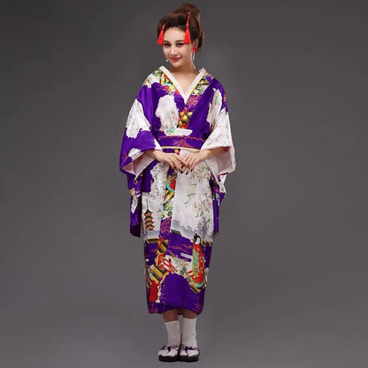 Japan Style Clothes Kimono Bridesmaid Wedding Dressing Dress Peacock Sakura Print Satin Silk Yukata Bathing Robe Nightgown