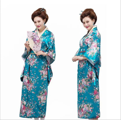 Japan Style Clothes Kimono Bridesmaid Wedding Dressing Dress Peacock Sakura Print Satin Silk Yukata Bathing Robe Nightgown