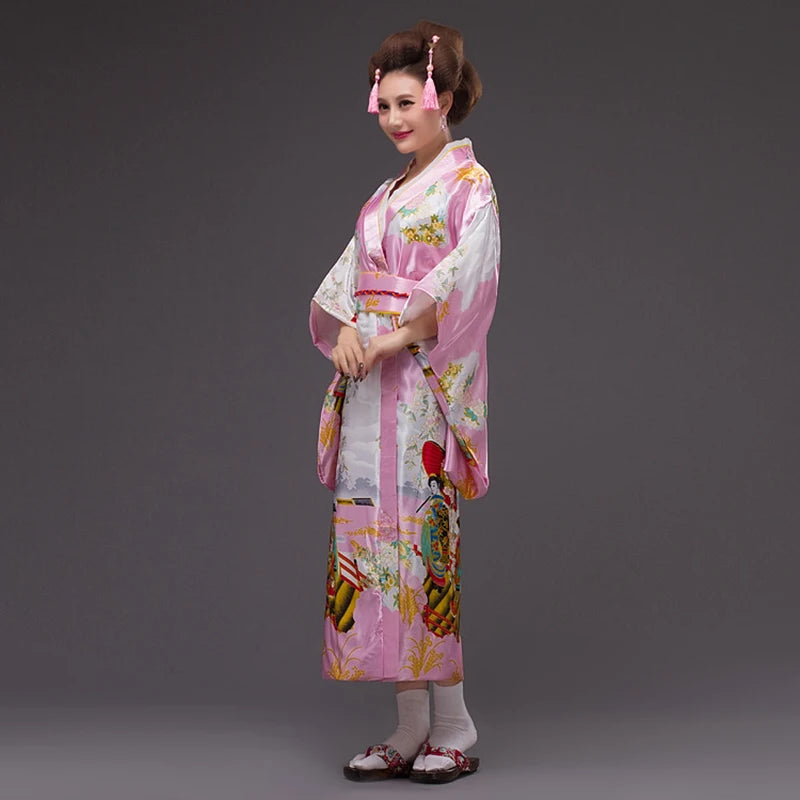 Japan Style Clothes Kimono Bridesmaid Wedding Dressing Dress Peacock Sakura Print Satin Silk Yukata Bathing Robe Nightgown