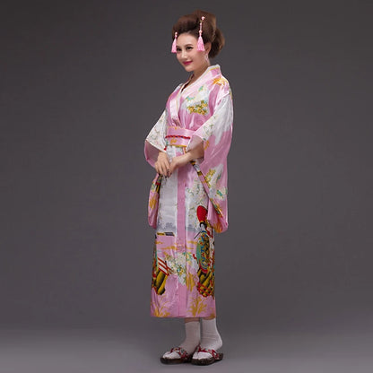 Japan Style Clothes Kimono Bridesmaid Wedding Dressing Dress Peacock Sakura Print Satin Silk Yukata Bathing Robe Nightgown