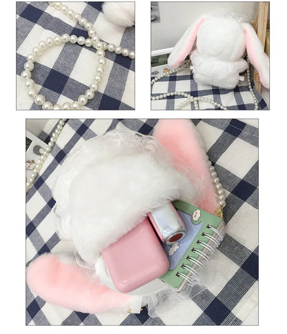 Japan Style Kawaii Girl Lolita Shoulder Bags Rabbit-shaped Bags Lace Pearl Chain Bags mochilas escolares anime