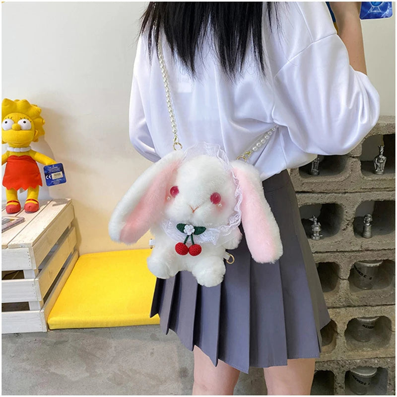 Japan Style Kawaii Girl Lolita Shoulder Bags Rabbit-shaped Bags Lace Pearl Chain Bags mochilas escolares anime