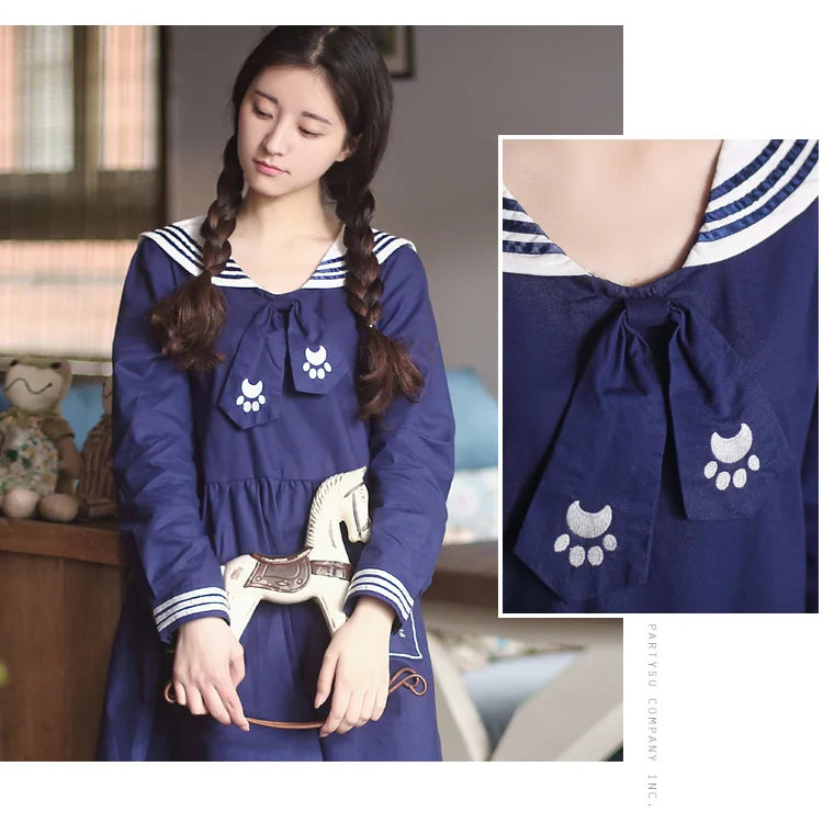 Japan Style Lolita Girly Girl Sailor Suit Lovely Cat Embroidery Pockets Dresses Women Summer Dresses