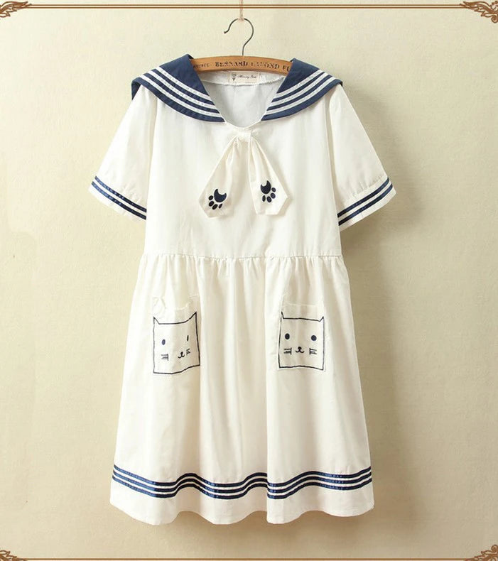 Japan Style Lolita Girly Girl Sailor Suit Lovely Cat Embroidery Pockets Dresses Women Summer Dresses