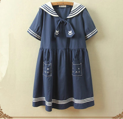 Japan Style Lolita Girly Girl Sailor Suit Lovely Cat Embroidery Pockets Dresses Women Summer Dresses