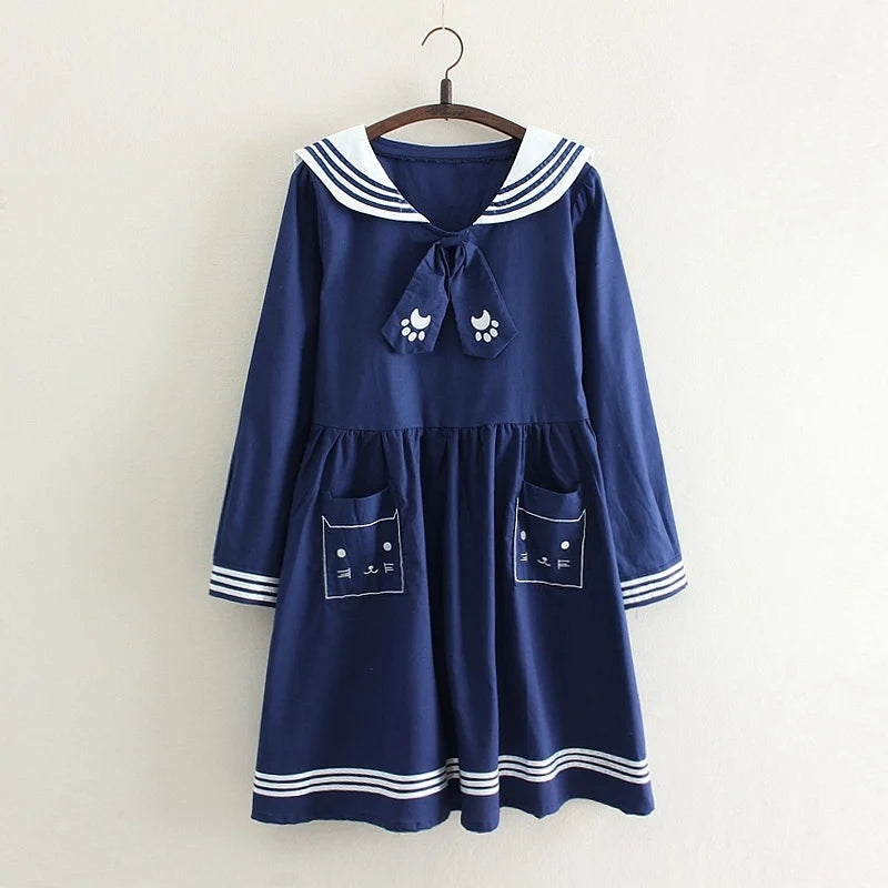 Japan Style Lolita Girly Girl Sailor Suit Lovely Cat Embroidery Pockets Dresses Women Summer Dresses