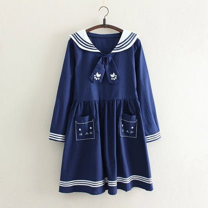 Japan Style Lolita Girly Girl Sailor Suit Lovely Cat Embroidery Pockets Dresses Women Summer Dresses