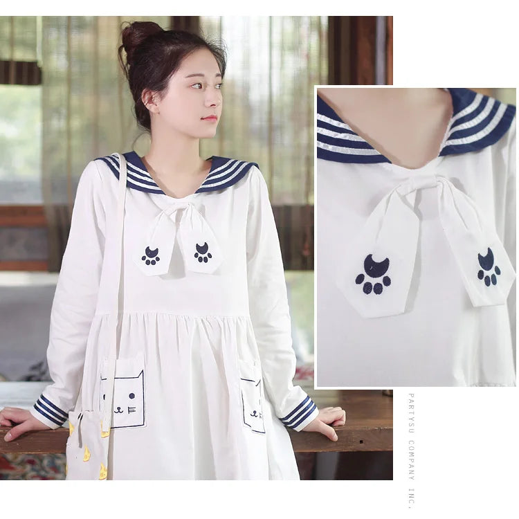 Japan Style Lolita Girly Girl Sailor Suit Lovely Cat Embroidery Pockets Dresses Women Summer Dresses