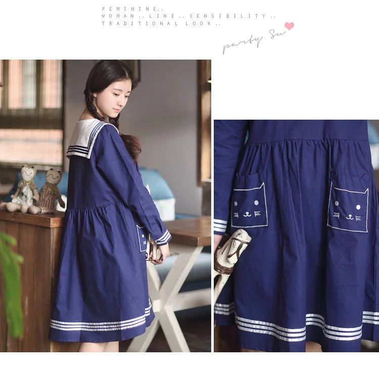 Japan Style Lolita Girly Girl Sailor Suit Lovely Cat Embroidery Pockets Dresses Women Summer Dresses