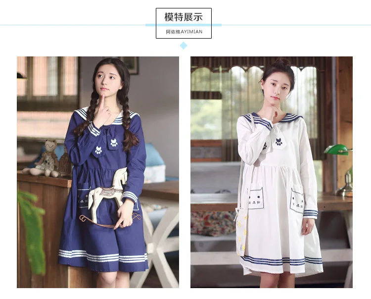 Japan Style Lolita Girly Girl Sailor Suit Lovely Cat Embroidery Pockets Dresses Women Summer Dresses