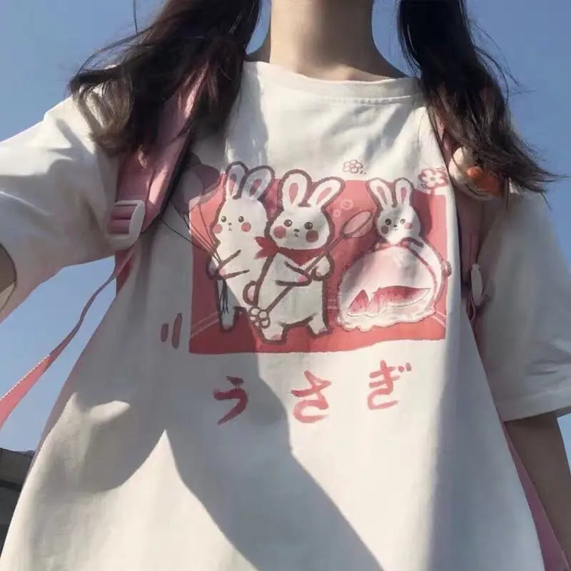 Japan Style Lovely Girly Girl T-shirt Tops Summer Women Lolita Rabbit Printed Tops Kawaii Students T-shirt