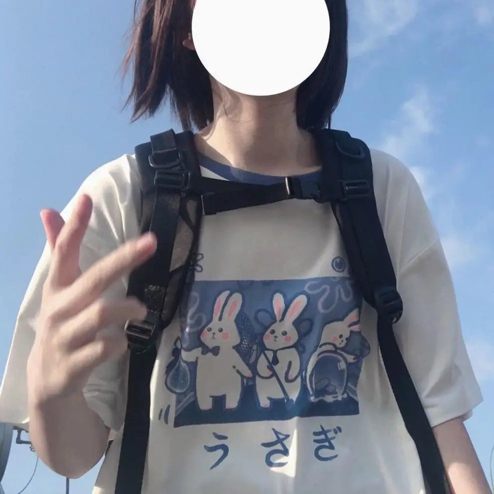 Japan Style Lovely Girly Girl T-shirt Tops Summer Women Lolita Rabbit Printed Tops Kawaii Students T-shirt
