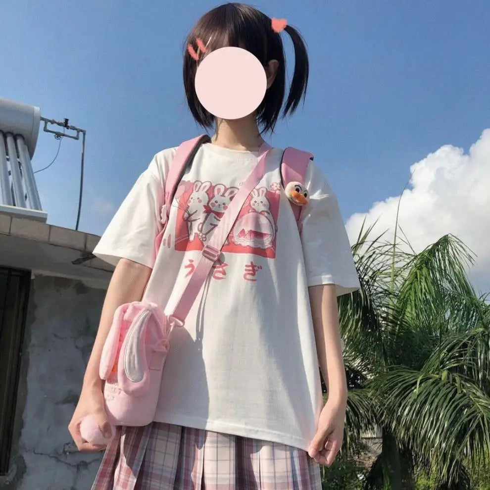 Japan Style Lovely Girly Girl T-shirt Tops Summer Women Lolita Rabbit Printed Tops Kawaii Students T-shirt