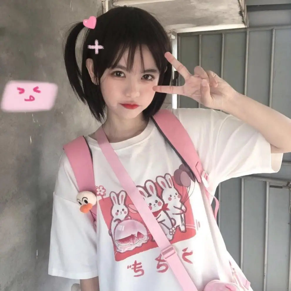 Japan Style Lovely Girly Girl T-shirt Tops Summer Women Lolita Rabbit Printed Tops Kawaii Students T-shirt