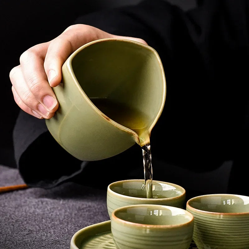 Japanese Antique Ceramic Fair Cup Green Bamboo Glazed Tea Bowl Creative Tea Dispenser High Quality Tea Set Accessories Crafts