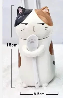Japanese Ceramic Cartoon Cute Cat Coffee Mug With Spoon and Lid Creative Hand Painted Drinkware Milk Tea Cups Novelty Gifts
