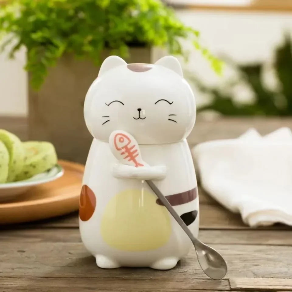 Japanese Ceramic Cartoon Cute Cat Coffee Mug With Spoon and Lid Creative Hand Painted Drinkware Milk Tea Cups Novelty Gifts
