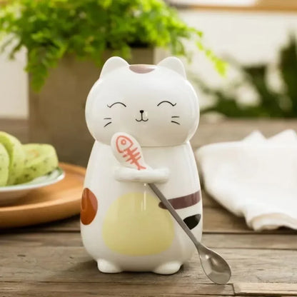 Japanese Ceramic Cartoon Cute Cat Coffee Mug With Spoon and Lid Creative Hand Painted Drinkware Milk Tea Cups Novelty Gifts