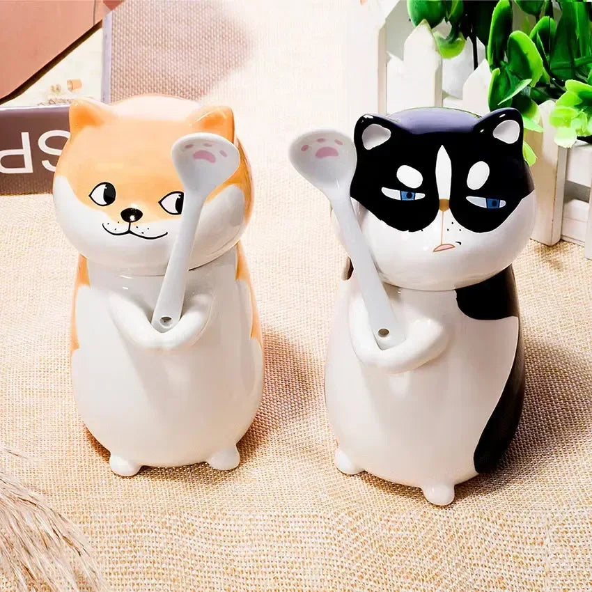 Japanese Ceramic Cartoon Cute Cat Coffee Mug With Spoon and Lid Creative Hand Painted Drinkware Milk Tea Cups Novelty Gifts
