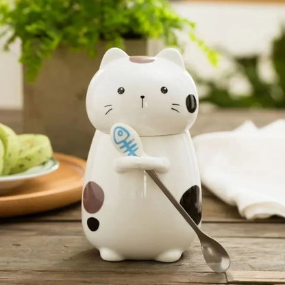 Japanese Ceramic Cartoon Cute Cat Coffee Mug With Spoon and Lid Creative Hand Painted Drinkware Milk Tea Cups Novelty Gifts