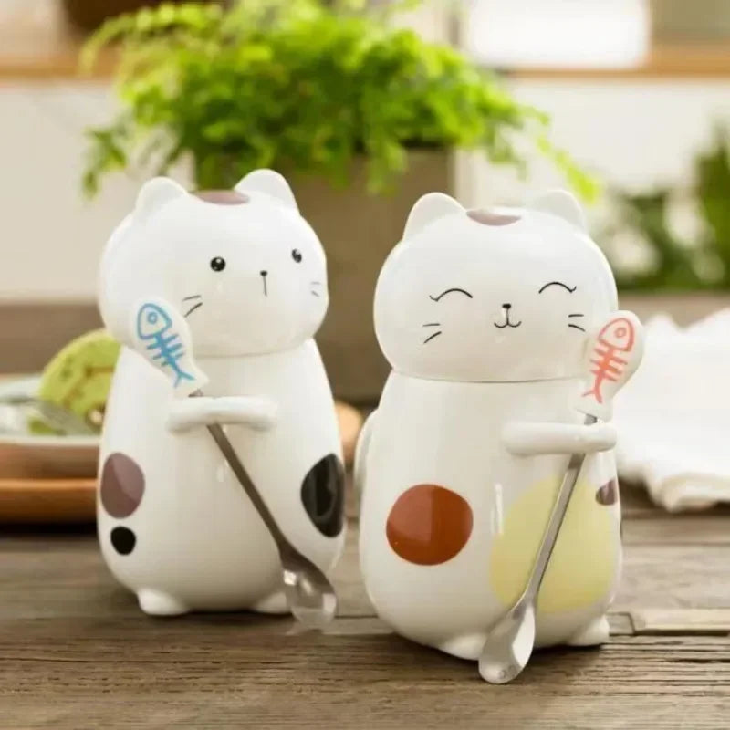 Japanese Ceramic Cartoon Cute Cat Coffee Mug With Spoon and Lid Creative Hand Painted Drinkware Milk Tea Cups Novelty Gifts