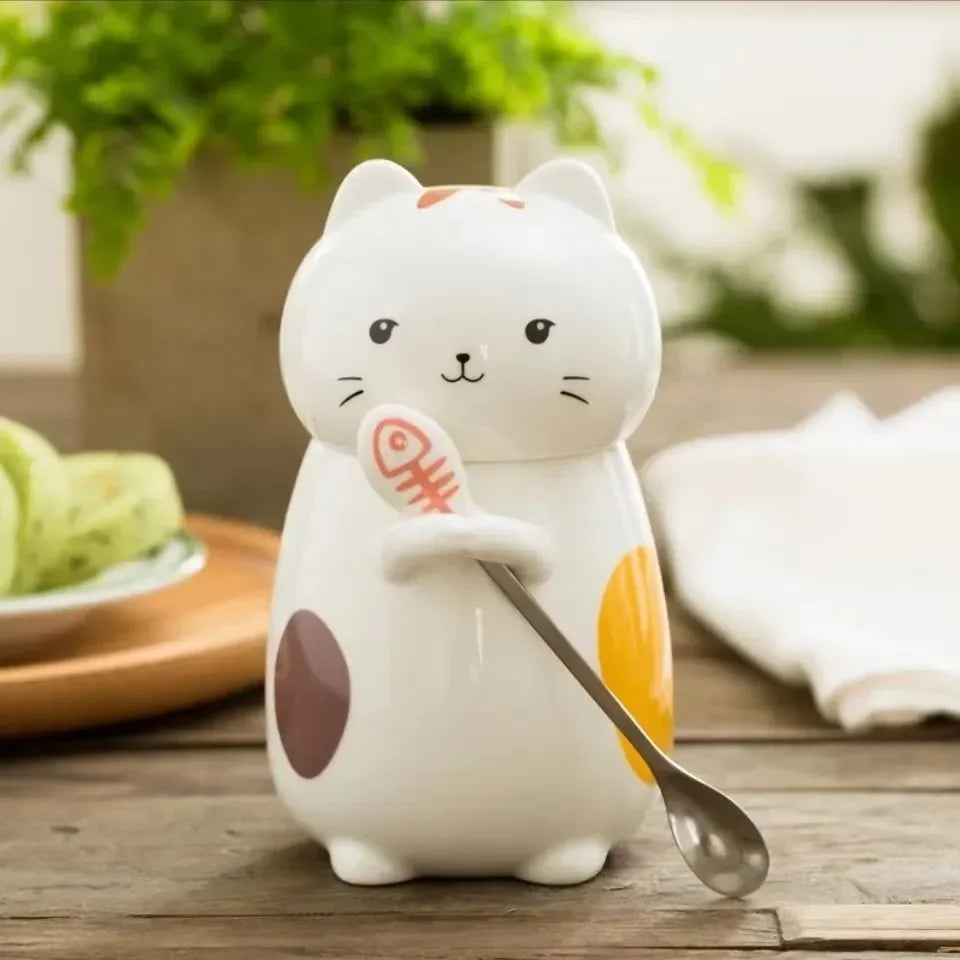 Japanese Ceramic Cartoon Cute Cat Coffee Mug With Spoon and Lid Creative Hand Painted Drinkware Milk Tea Cups Novelty Gifts
