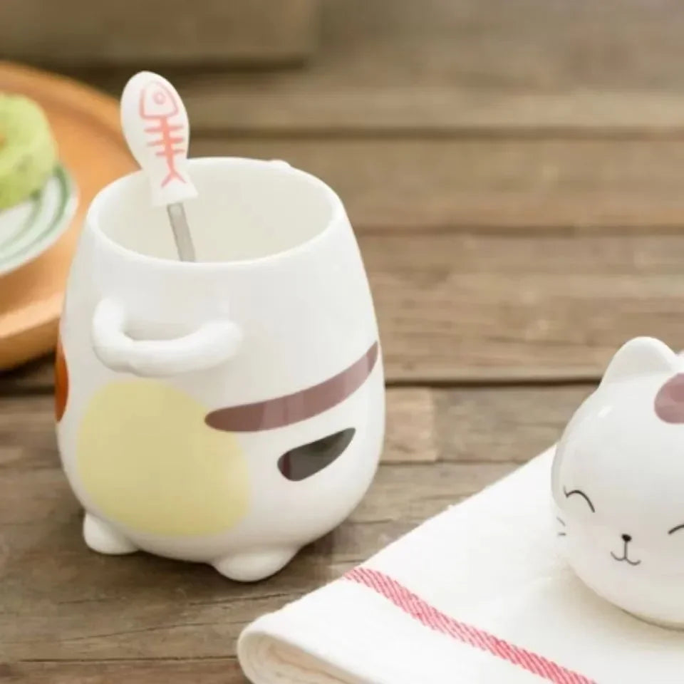 Japanese Ceramic Cartoon Cute Cat Coffee Mug With Spoon and Lid Creative Hand Painted Drinkware Milk Tea Cups Novelty Gifts