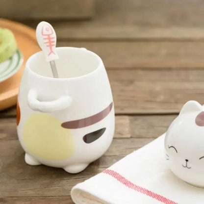 Japanese Ceramic Cartoon Cute Cat Coffee Mug With Spoon and Lid Creative Hand Painted Drinkware Milk Tea Cups Novelty Gifts