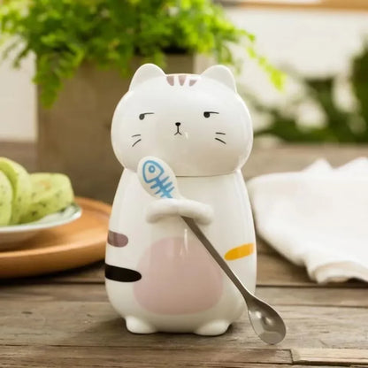 Japanese Ceramic Cartoon Cute Cat Coffee Mug With Spoon and Lid Creative Hand Painted Drinkware Milk Tea Cups Novelty Gifts