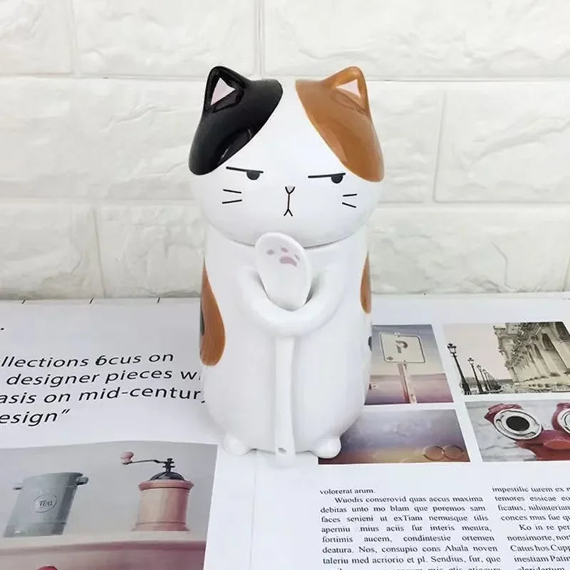 Japanese Ceramic Cartoon Cute Cat Coffee Mug With Spoon and Lid Creative Hand Painted Drinkware Milk Tea Cups Novelty Gifts