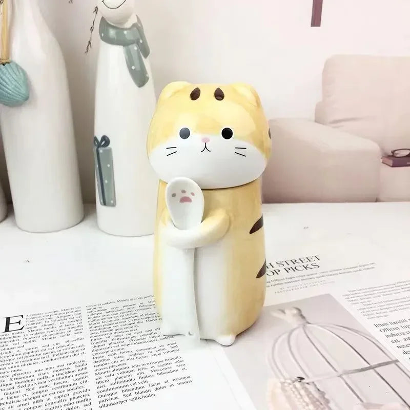 Japanese Ceramic Cartoon Cute Cat Coffee Mug With Spoon and Lid Creative Hand Painted Drinkware Milk Tea Cups Novelty Gifts