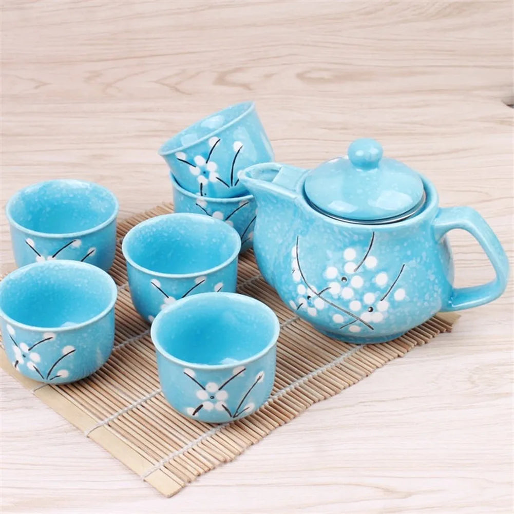 Japanese Cherry Blossom Teapots Set 1 Pot 6 Cups Ceramic Drinkware Tea Pot Home Office Tea Set Kettle Drop Shipping