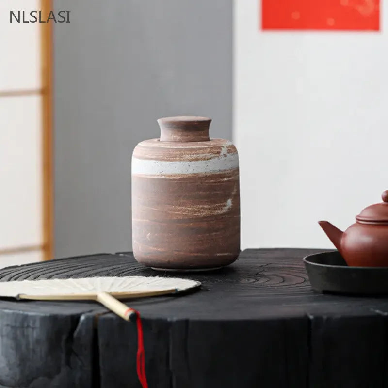 Japanese Coarse Pottery Tea Box Handmade Ceramic Moisture-proof Sealed Tea Container Coffee Storage Jar Tea Set Supplies