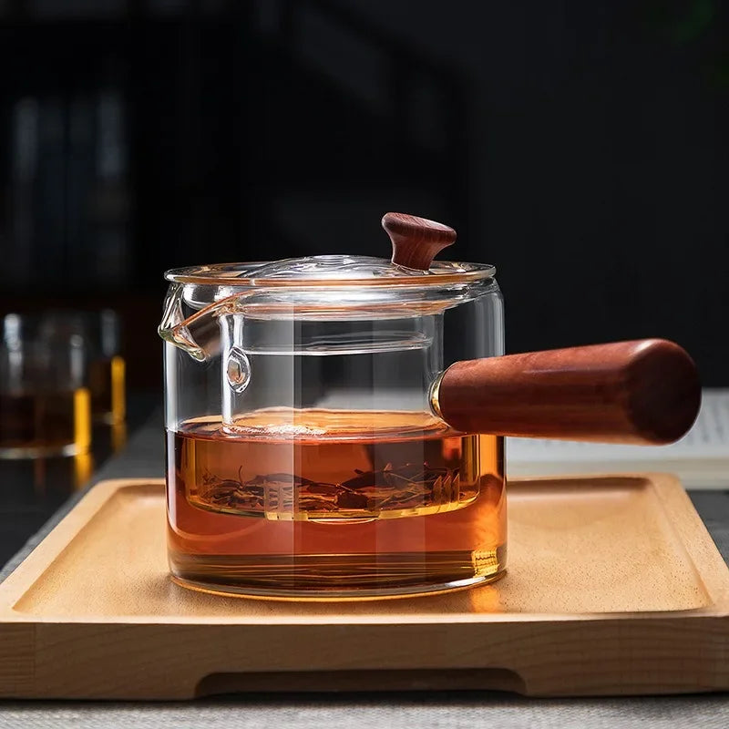 Japanese Glass Teapot with Side Handles Tea-Pot with Wooden Handles Kung Fu Tea Set Thickened Tea Maker Intuitive Tea Pot