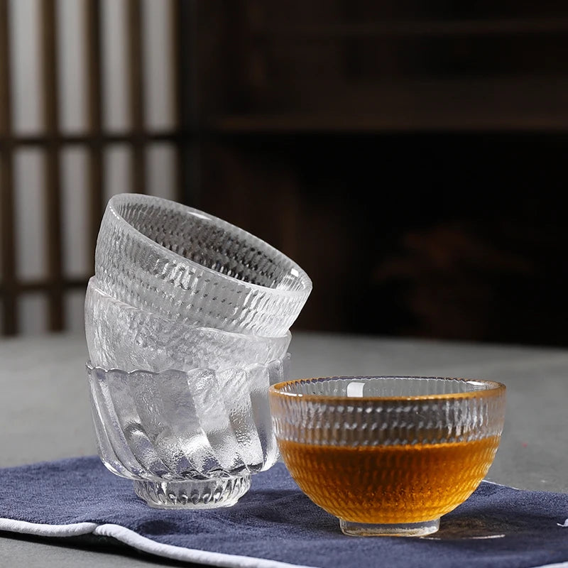 Japanese Hammer Grain Glass Tea Cup Set, Crystal Transparent Cup, Kungfu Tea Set, Household Master, Small Tea Cup, 3Pcs Pack