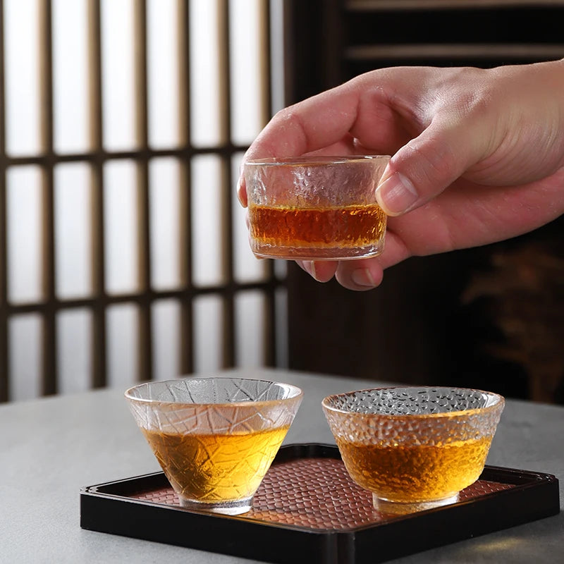 Japanese Hammer Grain Glass Tea Cup Set, Crystal Transparent Cup, Kungfu Tea Set, Household Master, Small Tea Cup, 3Pcs Pack