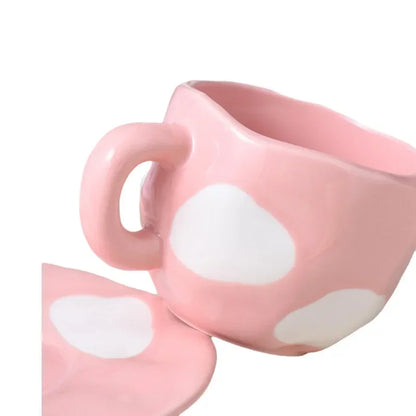 Japanese Hand Painted The Blue Sky and White Clouds Coffee Cup with Saucer Ceramic Handmade Tea Cup Saucer Set Cute Gift for Her
