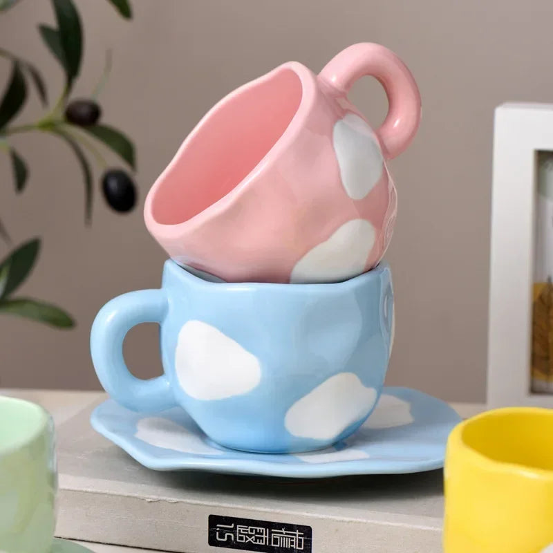 Japanese Hand Painted The Blue Sky and White Clouds Coffee Cup with Saucer Ceramic Handmade Tea Cup Saucer Set Cute Gift for Her