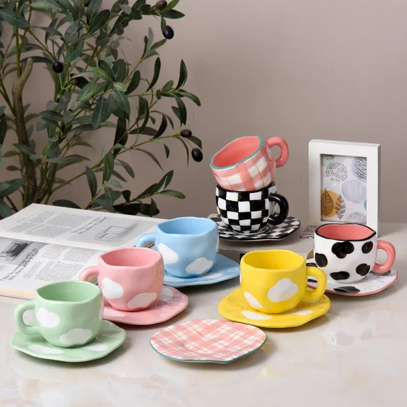 Japanese Hand Painted The Blue Sky and White Clouds Coffee Cup with Saucer Ceramic Handmade Tea Cup Saucer Set Cute Gift for Her
