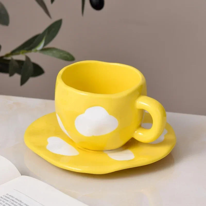 Japanese Hand Painted The Blue Sky and White Clouds Coffee Cup with Saucer Ceramic Handmade Tea Cup Saucer Set Cute Gift for Her